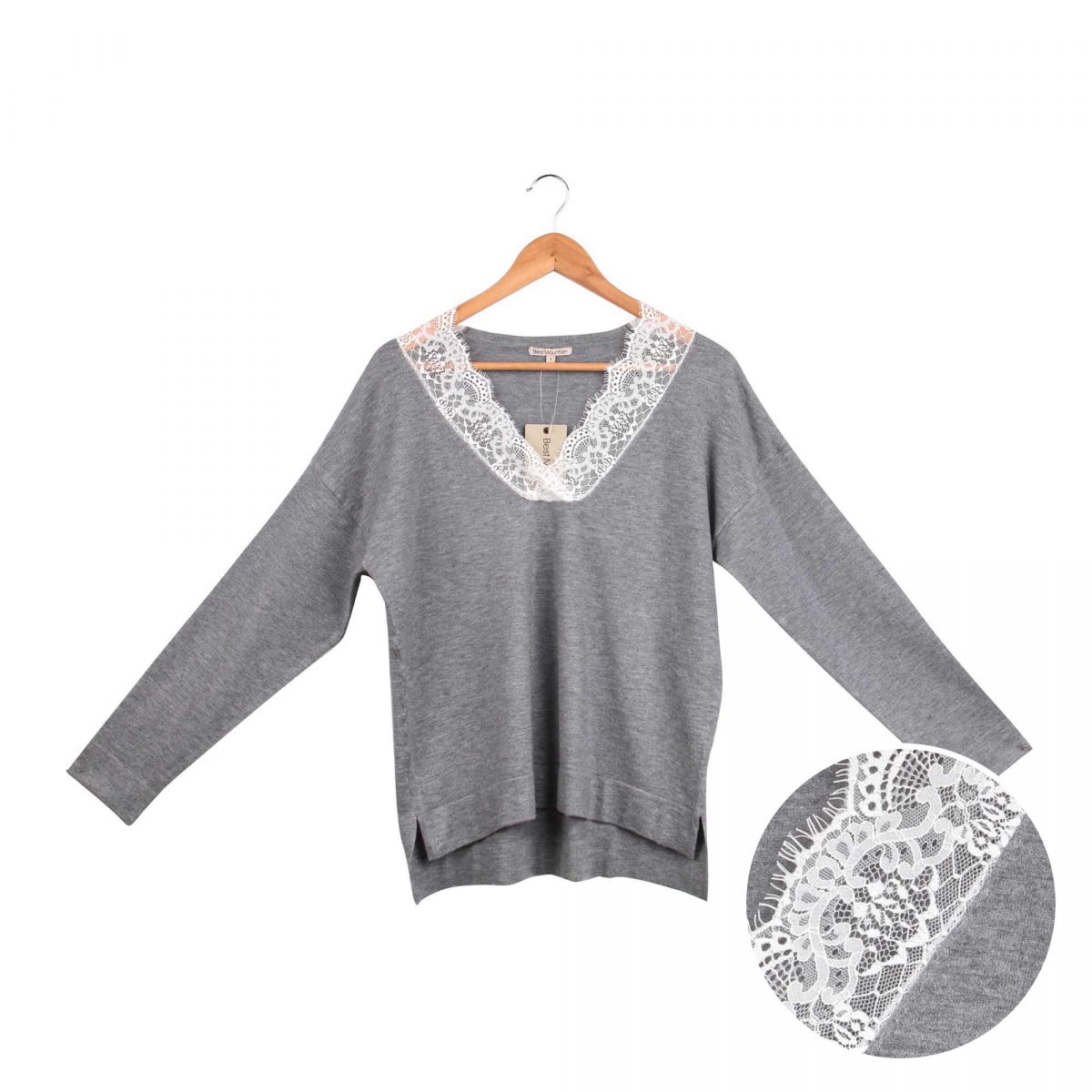 Pull manches longues jersey dentelle asymétrique col V ...