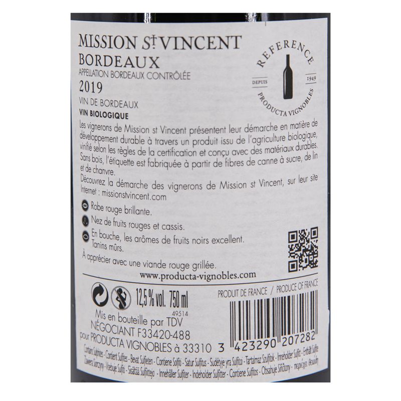 AOC BORDEAUX BIO ROUGE 2019 MISSION ST VINCENT 13% 75CLAR11965