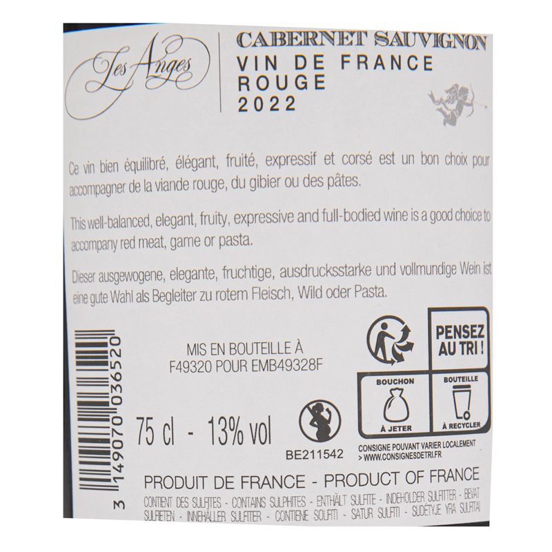 VIN FR ROUGE 2022 CUVEE LES ANGES CABERNET SAUVIGNON 75CL AR11935