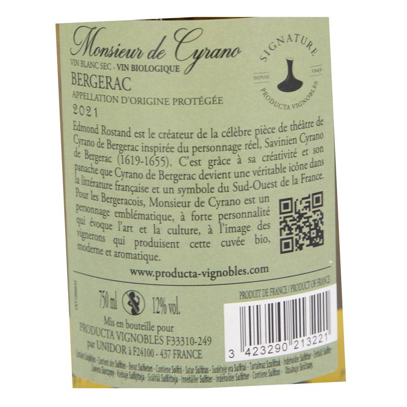 AOP BERGERAC BLANC SEC BIO 2021 MONSIEUR DE CYRANO 12% 75CL AR11964 AOP BERGERAC BLANC SEC BIO 2021 MONSIEUR DE CYRANO 12% 75CL AR11964