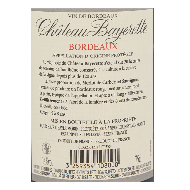 AOP BORDEAUX ROUGE 2019 CHATEAU BAYERETTE 14% 75CL MBP R AR12302