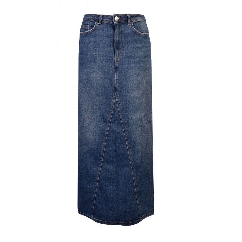 Jupe longue denim brut bleue droite fente arrière avec poches Femme PIECES