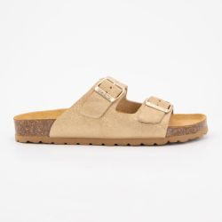 Mules double bride en cuir à clous dorés couleur sable Femme I AM