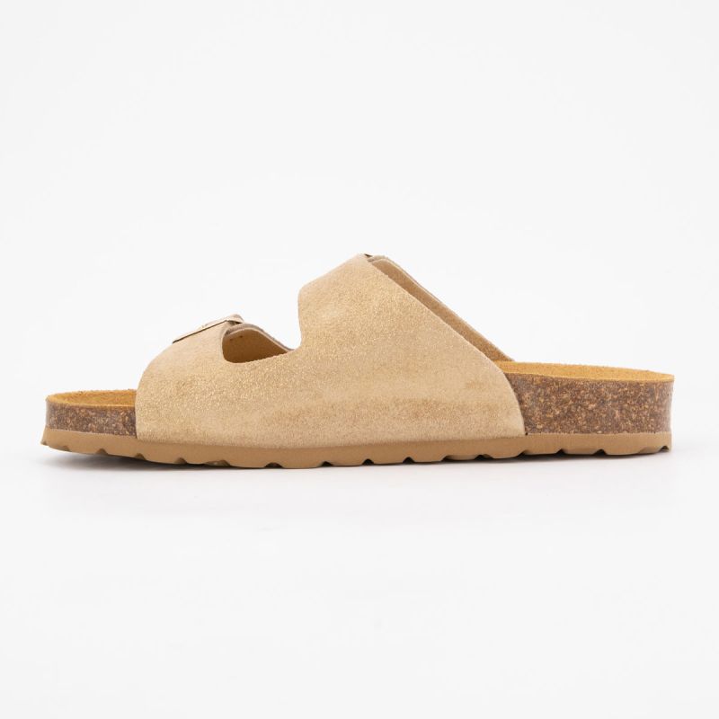 Mules double bride en cuir à clous dorés couleur sable Femme I AM