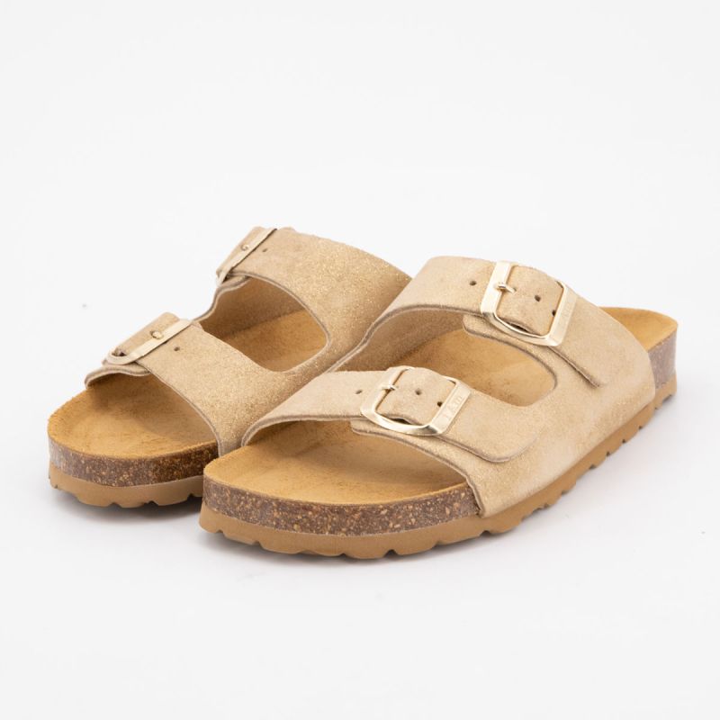 Mules double bride en cuir à clous dorés couleur sable Femme I AM