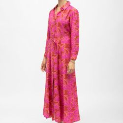 Robe chemise marron à fleurs roses longue avec ceinture romane Femme LA PETITE ETOILE Robe chemise marron à fleurs roses longue avec ceinture romane Femme LA PETITE ETOILE