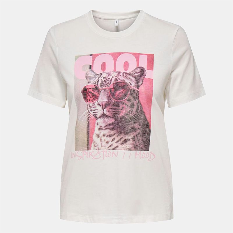 Tee shirt basique blanc hariettte impression léopard Femme ONLY