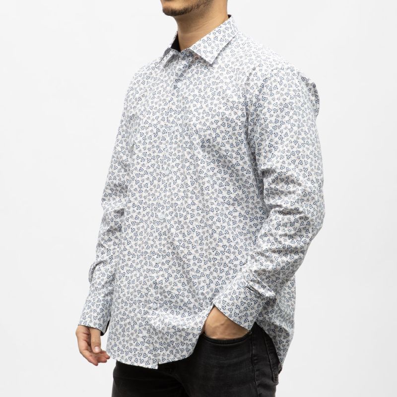 Bill00 chemise coton poly blanc motif fleurs bleues Homme BILL TORNADE