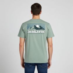 Tee shirt vert d'eau mine col ras de cou imprimé montagnes Homme JACK & JONES