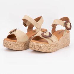 Sandales noires compensées en cuir double boucle bois Femme BIOSTOCK
