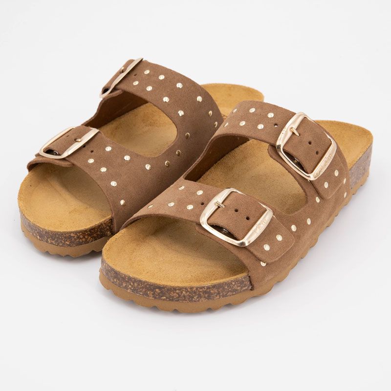 Mule cuire avec double boucles ajustables et clous dorés Femme I AM
